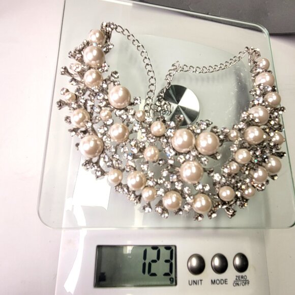 Vintage Statement Faux Pearl and Crystal Bib Necklace with Crystal Earrings - Picture 13 of 16